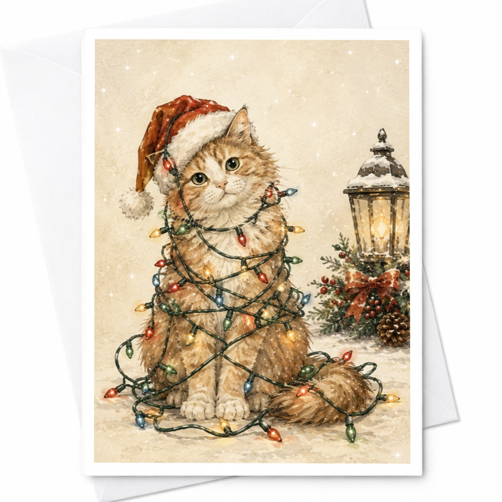 Cute Cat Christmas Card Santa Hat Holiday Lights Festive Greeting Card For Cat Lover Adorable Animal Christmas Card C5884