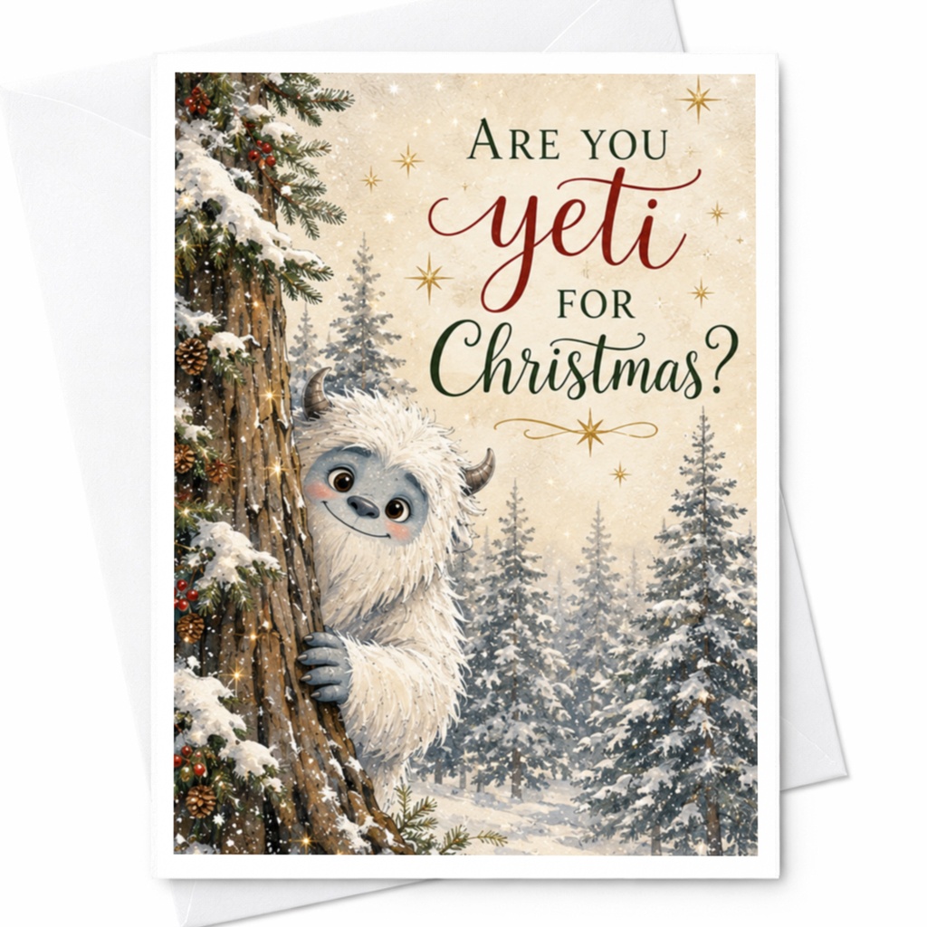 Are You Yeti For Christmas? Funny Yeti Christmas Card Cute Holiday Greeting Card For Kids Family Winter Snowy Forest C5891