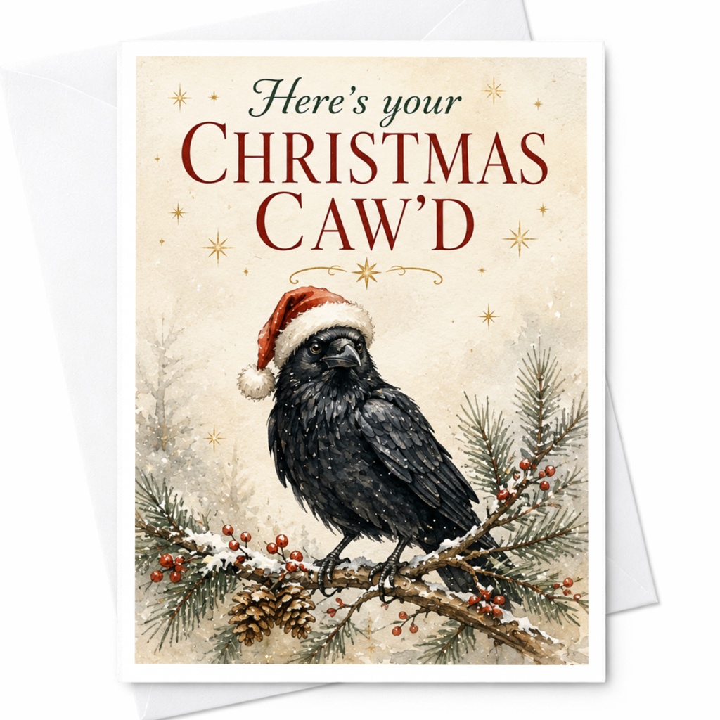 Here's Your Christmas Caw'd Funny Christmas Card Crow With Santa Hat Holiday Greeting Card For Bird Lovers C5901