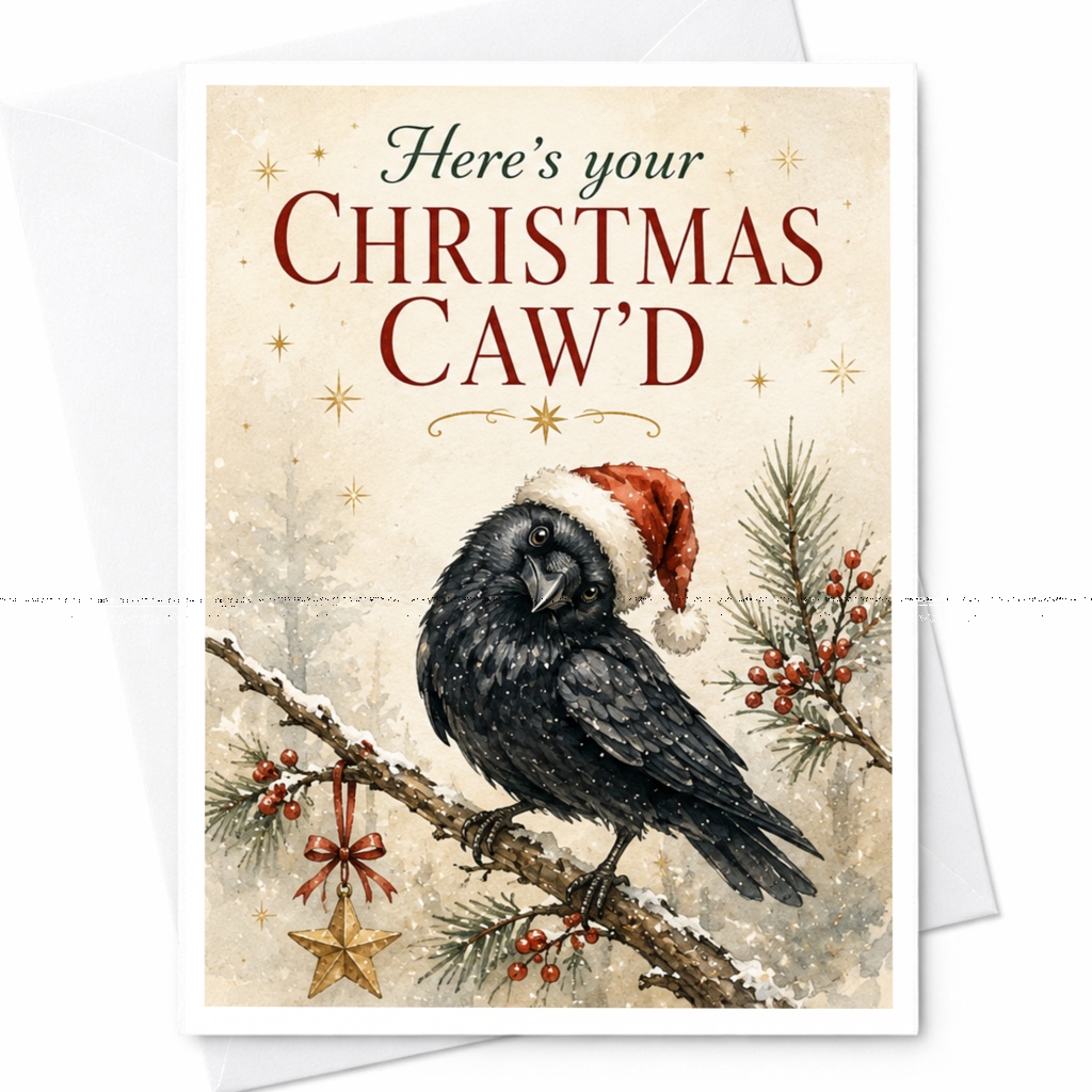 Here's Your Christmas Caw'd Funny Christmas Card Crow With Santa Hat Holiday Greeting Card For Bird Lovers C5902