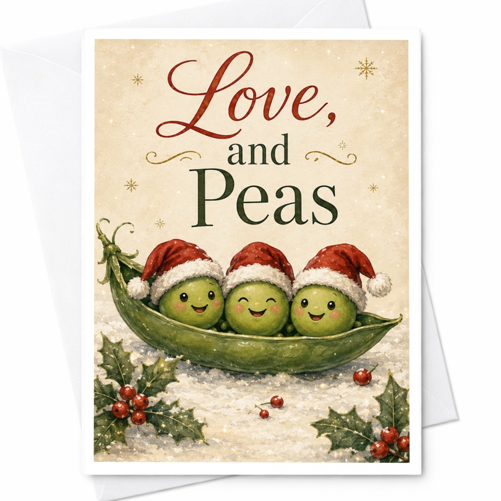 Love, And Peas Christmas Card Cute Holiday Greeting Card Peas In Santa Hats Funny Christmas Card For Friends Family C5903