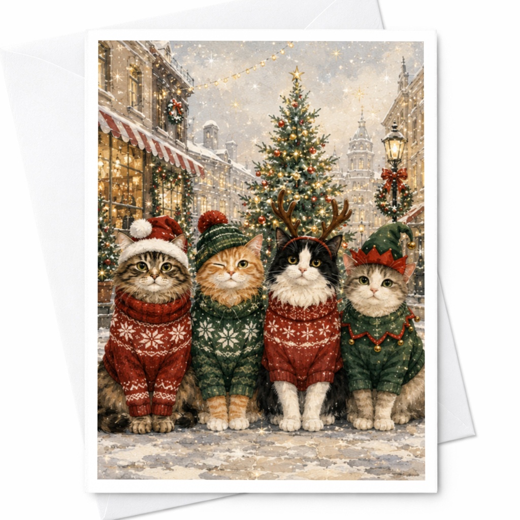 Cats In Christmas Sweaters Holiday Card Cute Festive Greeting Card For Cat Lovers Whimsical Winter Scene Christmas Card C5911