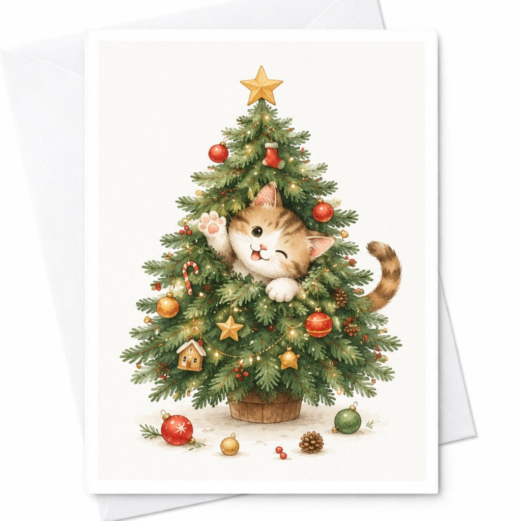 Cute Cat Christmas Card Adorable Kitten In Tree Holiday Greeting Card For Cat Lover Festive Animal Card Christmas Wishes C5914