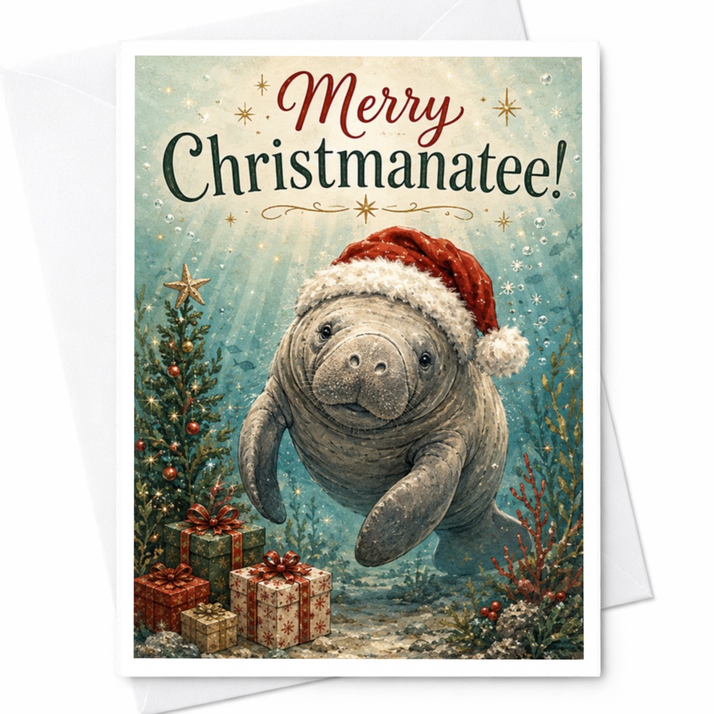 Merry Christmanatee! Funny Christmas Card Cute Manatee With Santa Hat Holiday Greeting Card For Animal Lover C5921