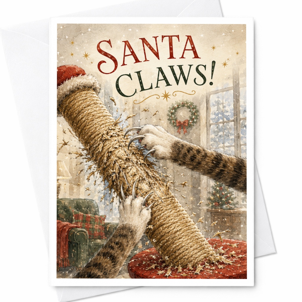 Santa Claws! Funny Christmas Card Cat Lover Holiday Greeting Card Cute Santa Claus Pun Cat Scratch Post C5924