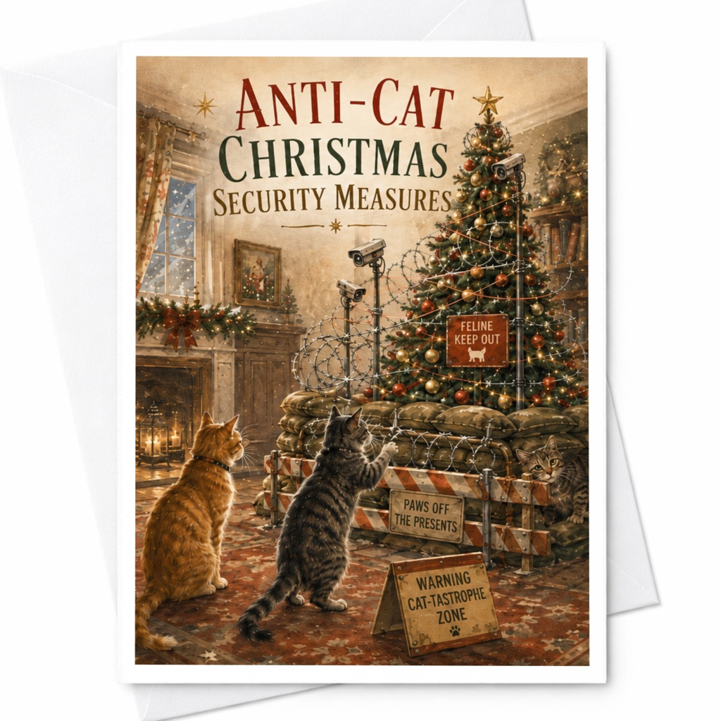 Anti-Cat Christmas Security Measures Funny Cat Christmas Card Holiday Cat Lovers Cute Festive Greeting Card C5925