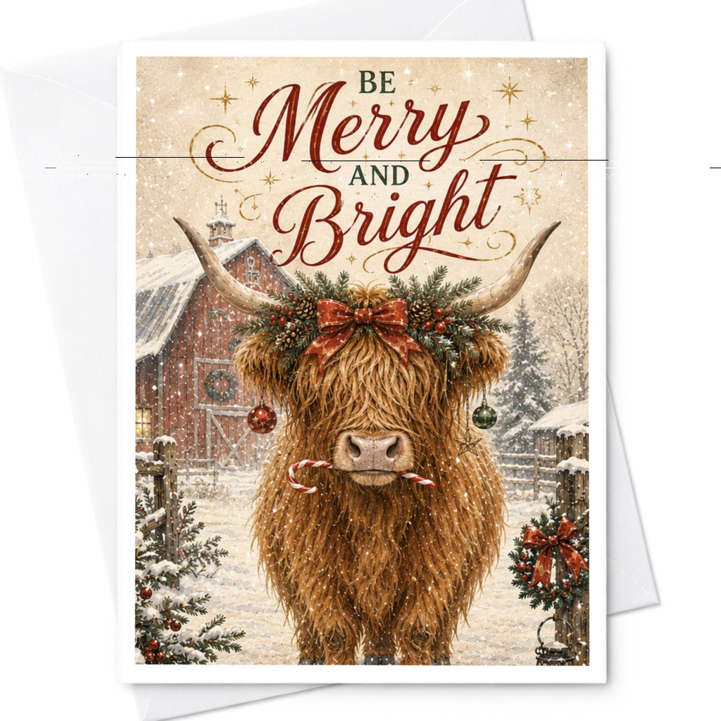 Be Merry And Bright Christmas Card Festive Cow Holiday Greeting Card Cute Animal Winter Scene For Her Him Family C5929