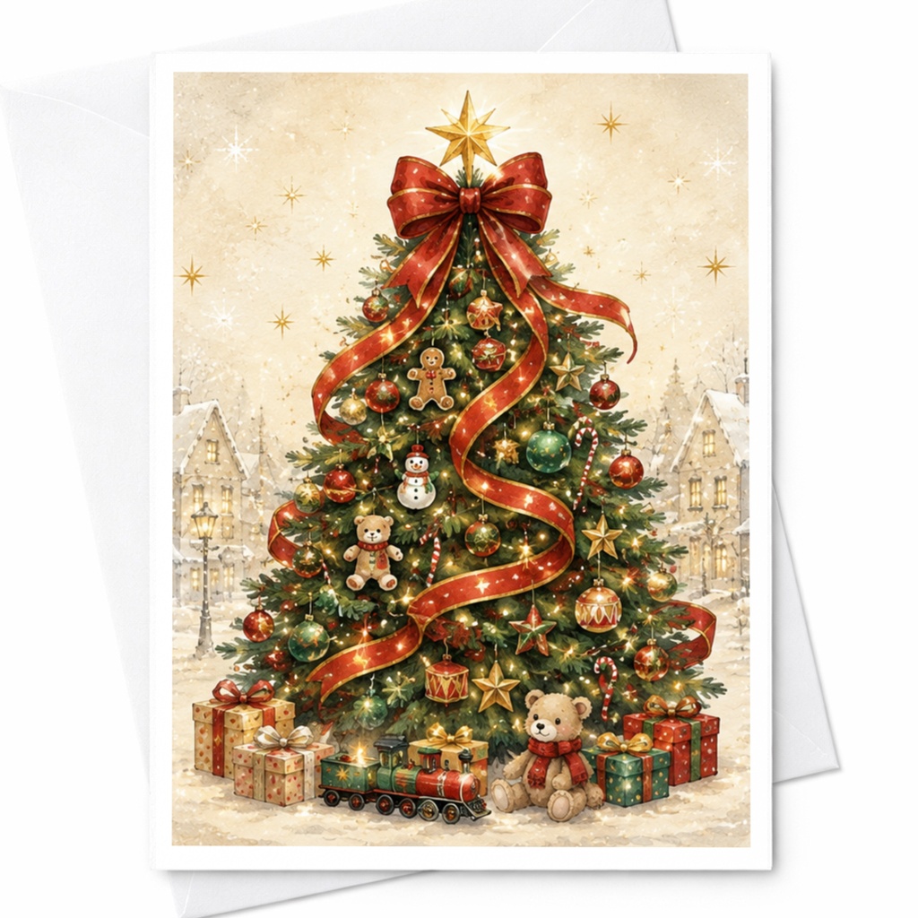 Vintage Christmas Tree Card Holiday Greeting Card Festive Ornaments Teddy Bear Gifts Snowy Scene For Family Friends C5933