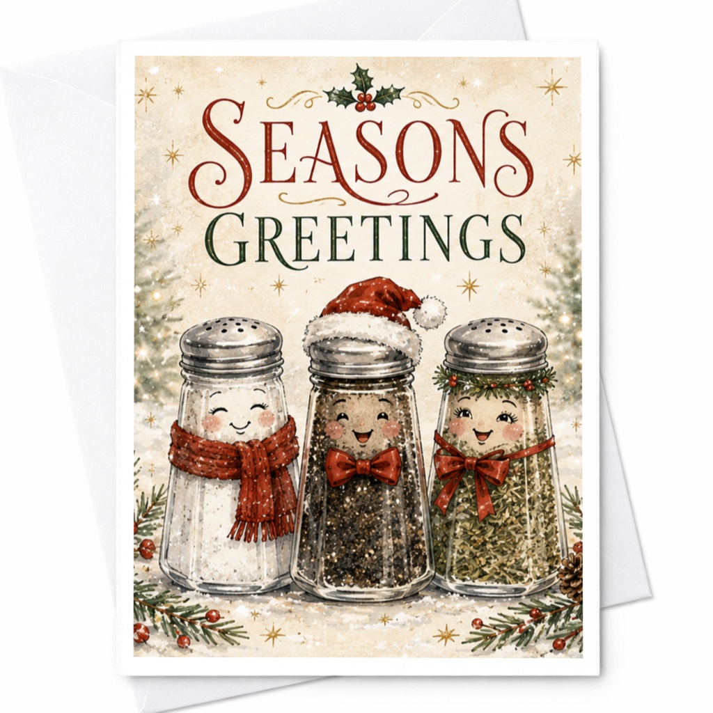 Seasons Greetings Christmas Card Festive Salt And Pepper Shakers Cute Holiday Card For Friends Family Xmas Card C5831