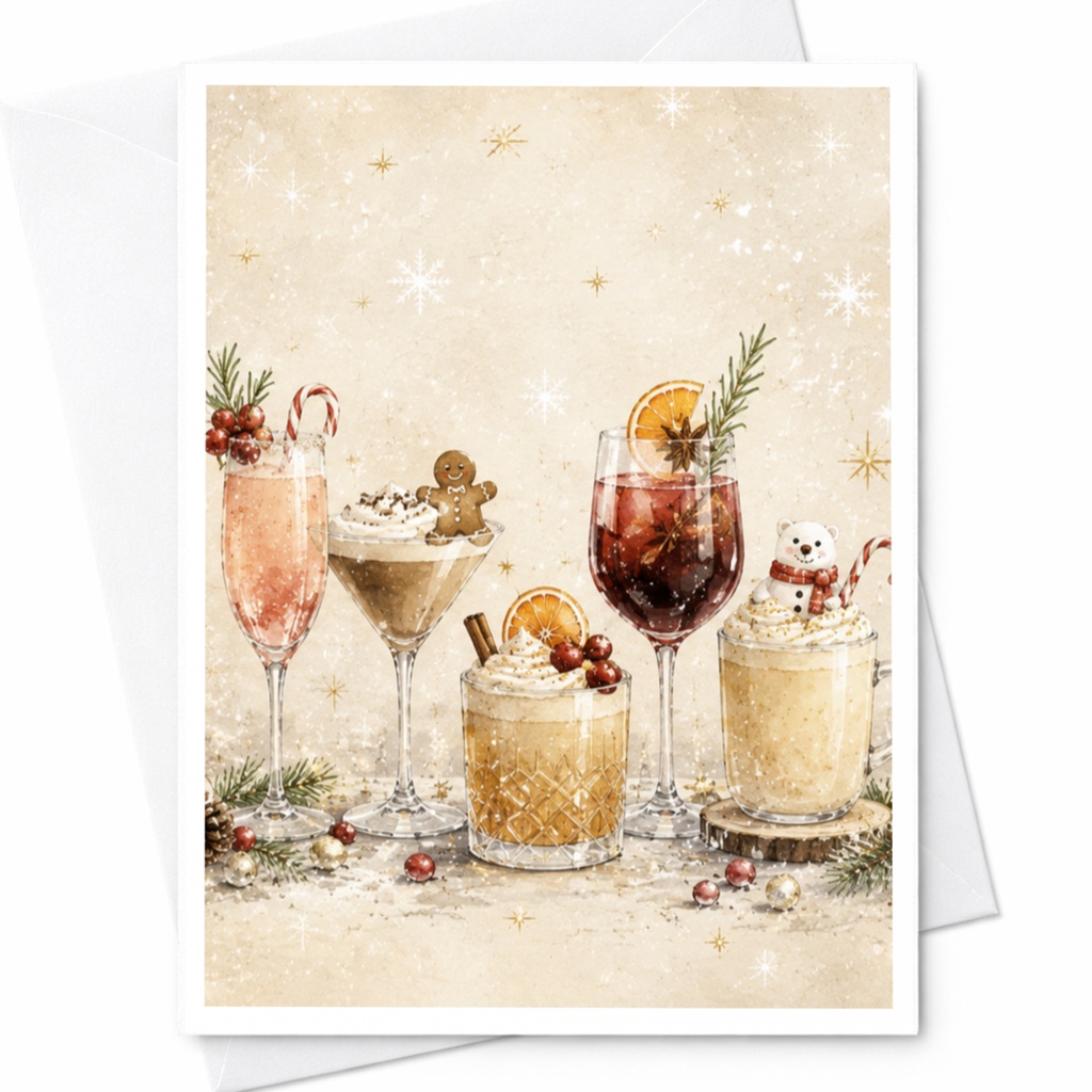Festive Holiday Drinks Christmas Greeting Card Seasonal Cocktail Illustration For Friend Family Holiday Celebration Card C5938