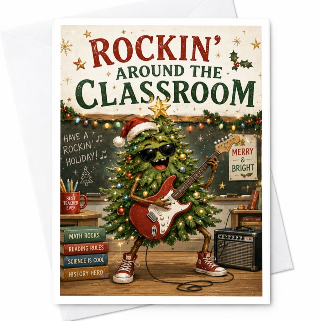 Rockin' Around The Classroom Funny Christmas Card Holiday Greeting Card For Teacher Music Lover Classroom Decor C5941