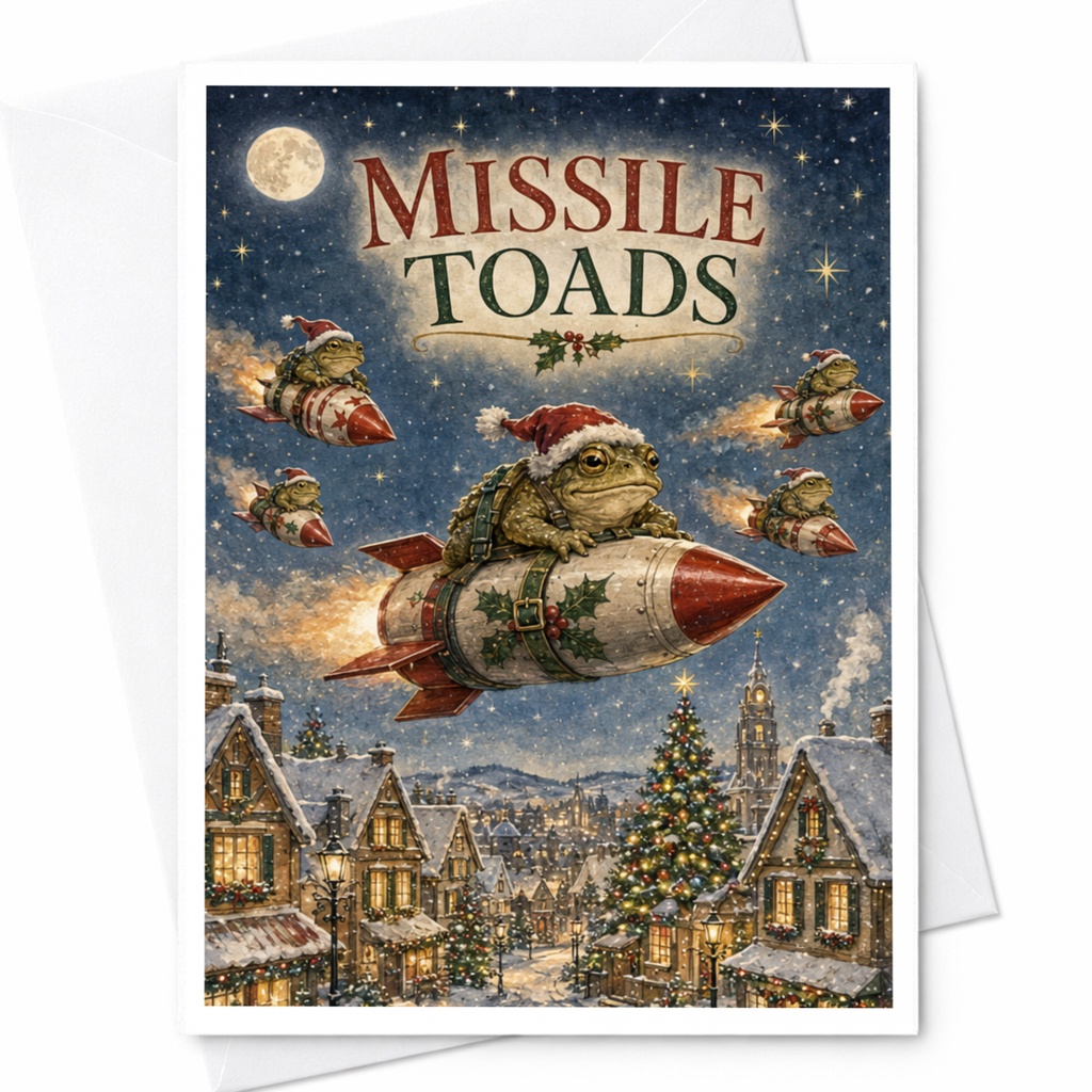 Missile Toads Funny Christmas Card Toads On Rockets Holiday Greeting Card For Animal Lover Cute Festive Card C5839