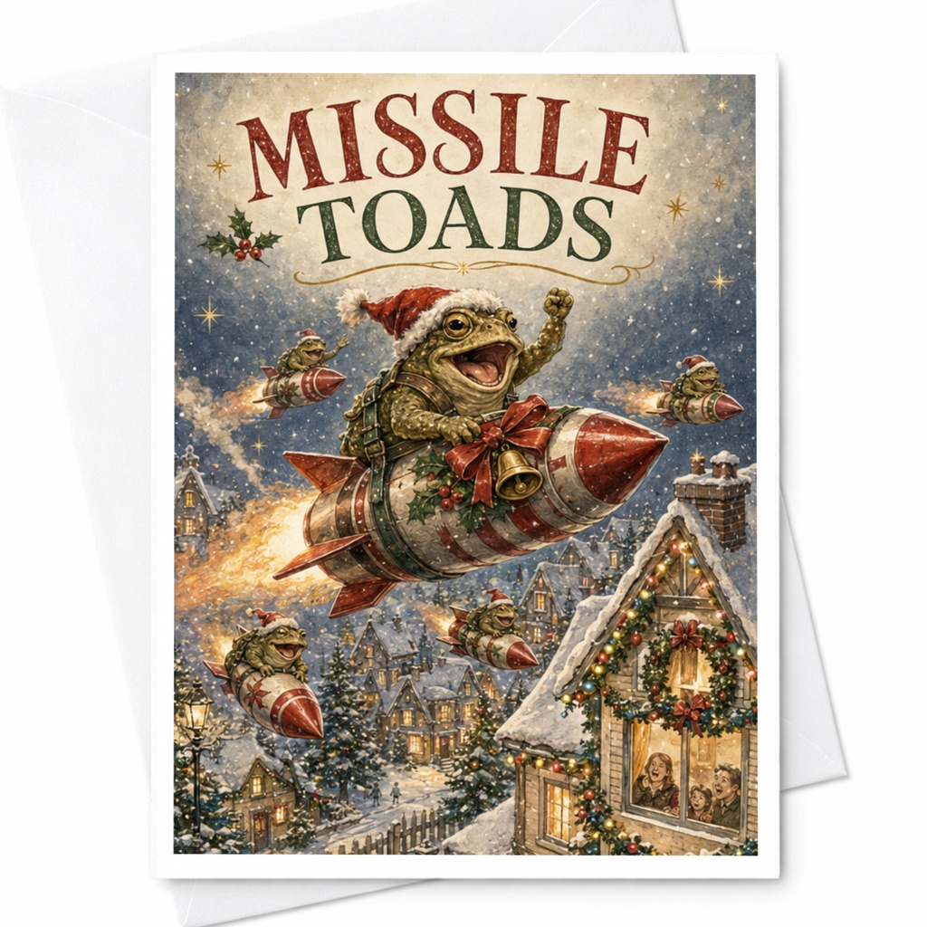 Missile Toads Funny Christmas Card Toads On Rockets Holiday Greeting Card For Friends Cute Festive Animal Card C5840