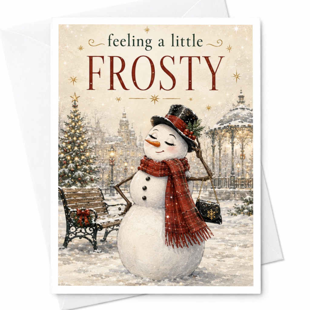 Feeling A Little Frosty Christmas Card Cute Snowman Winter Scene Holiday Greeting Card For Friends Family Festive Fun C5946
