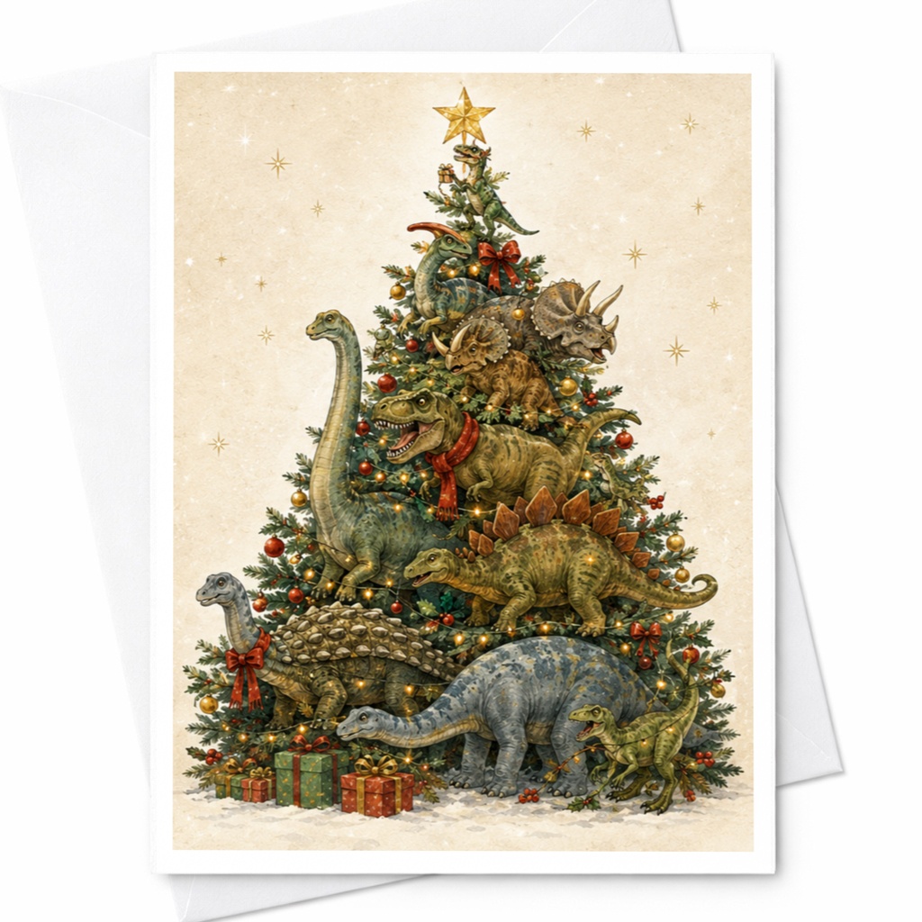 Dinosaur Christmas Tree Card Cute Holiday Greeting Card For Kids Dino Lover Festive Xmas Card With Dinosaurs C5843