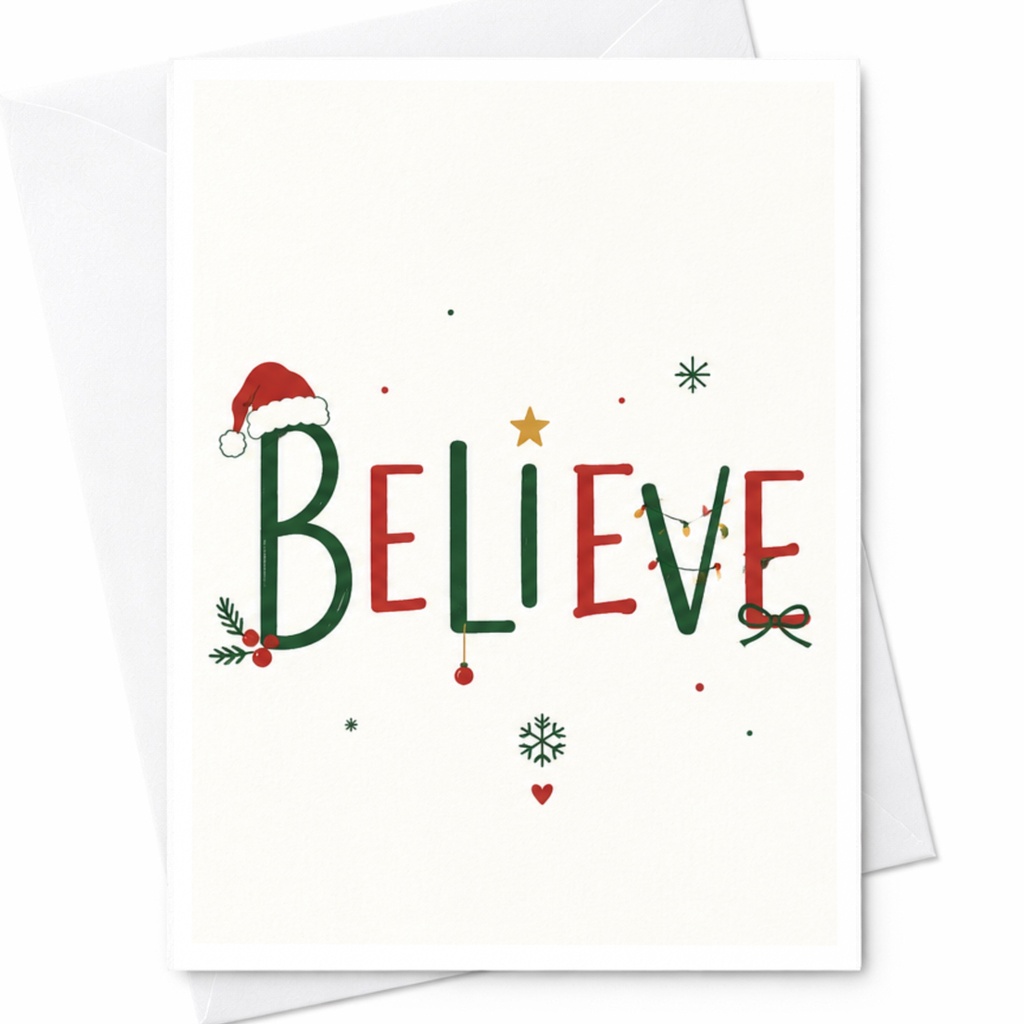 Believe Christmas Card Festive Holiday Greeting Card Santa Hat Snowflakes For Family Friends Cute Seasonal Card C5950