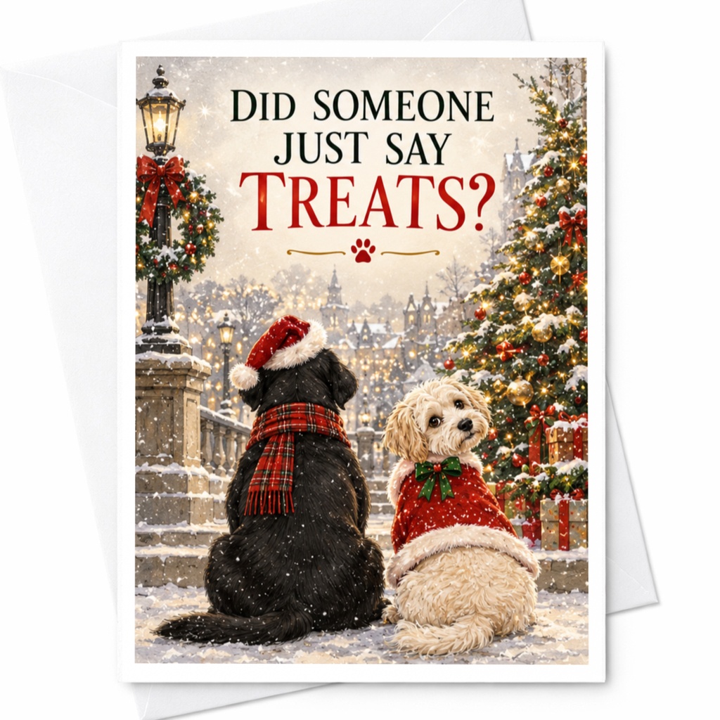 Did Someone Just Say Treats? Christmas Card Cute Dogs Holiday Greeting Card For Dog Lovers Festive Winter Scene C5854