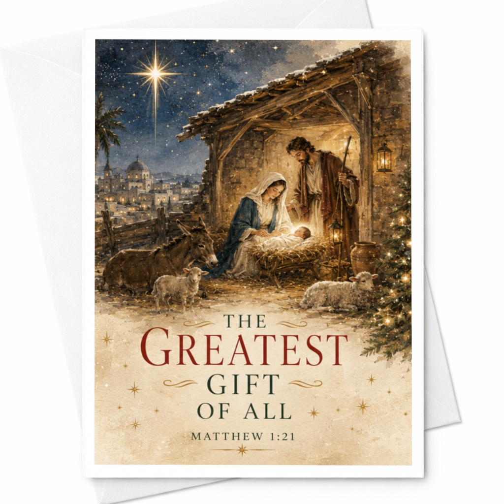 The Greatest Gift Of All Matthew 1:21 Christmas Card Nativity Scene Religious Holiday Card Christian Greeting Card C5856