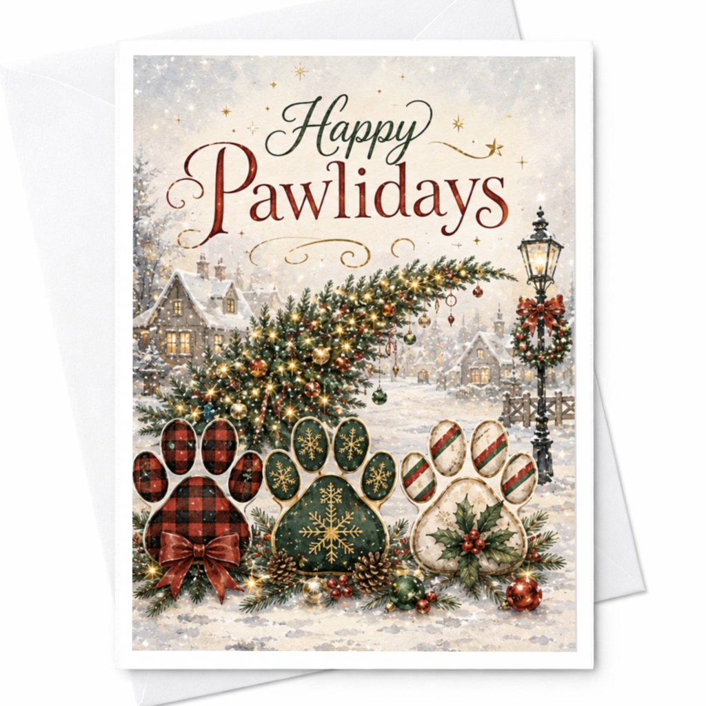 Happy Pawlidays Christmas Card Festive Dog Lover Holiday Greeting Card Cute Winter Scene Pet Lover Xmas Card C5858
