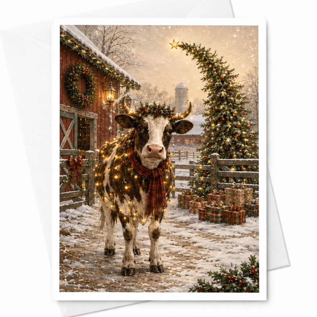 Cow With Christmas Lights Card Festive Holiday Greeting Card Cute Farm Animal Christmas Card For Animal Lover Winter Scene C5859