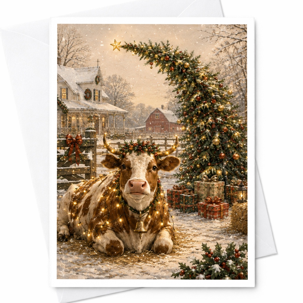 Festive Cow Christmas Greeting Card Cute Farm Animal Holiday Card Winter Scene For Animal Lover Rustic Country Christmas C5860