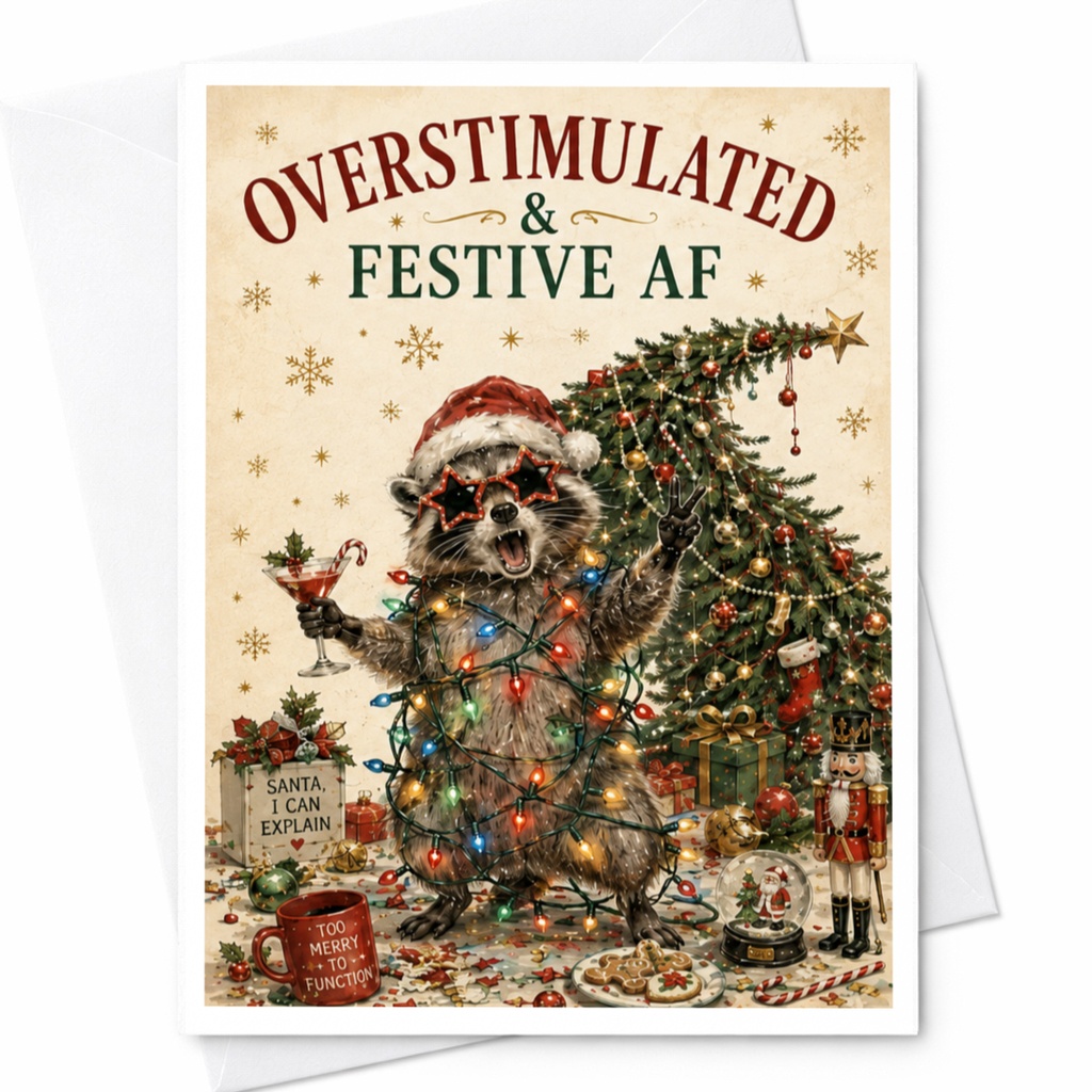Overstimulated & Festive Af Funny Christmas Card Raccoon Holiday Greeting Card Cute Animal Xmas Card For Friends Family C5864