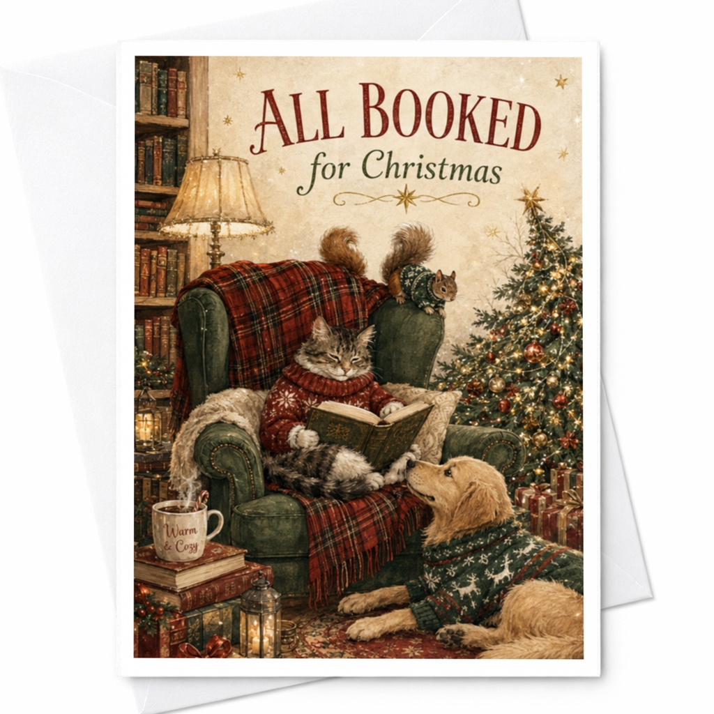 All Booked For Christmas Cute Cat And Dog Christmas Card Cozy Holiday Greeting Card For Book Lovers Animal Lovers C5865