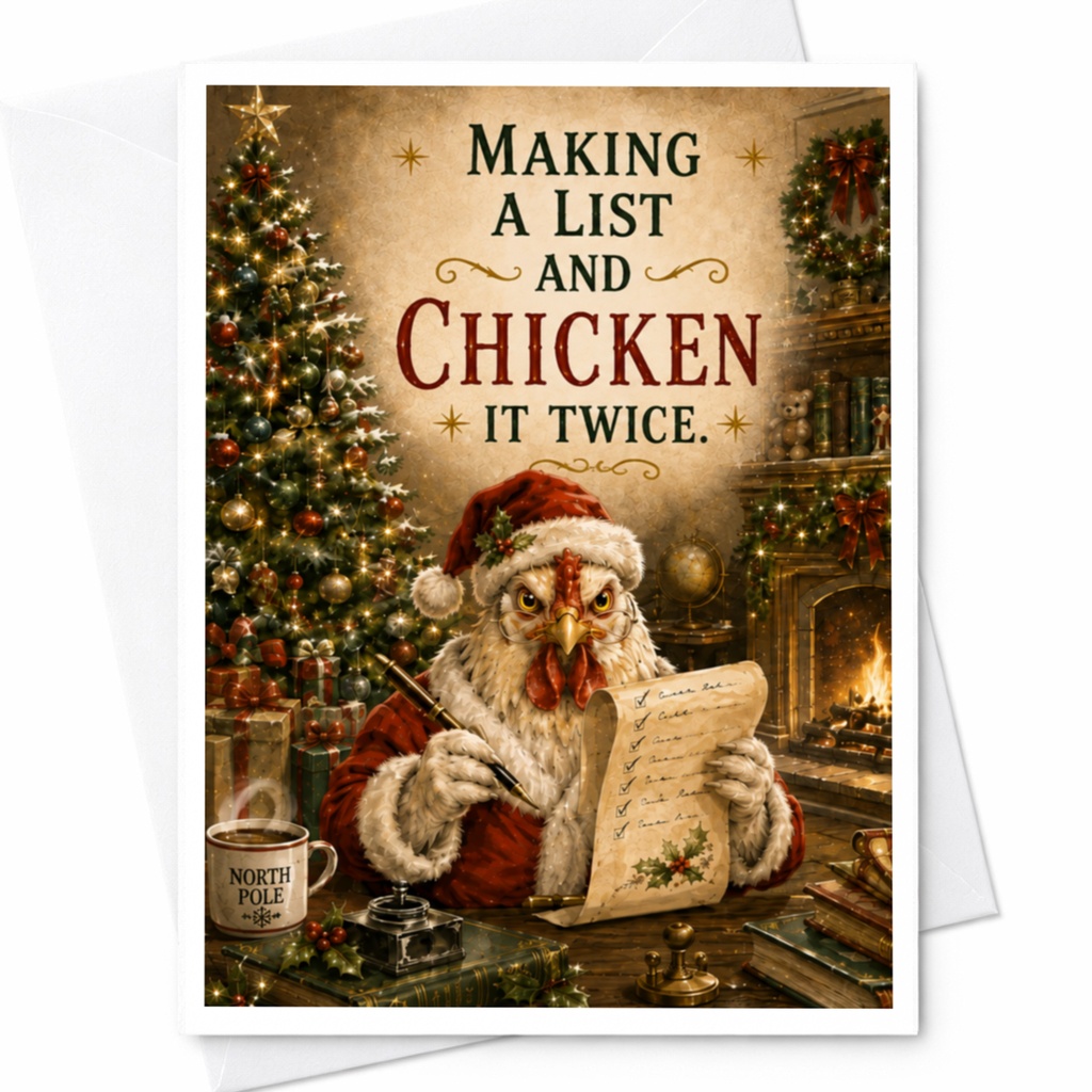 Making A List And Chicken It Twice Funny Christmas Card Santa Chicken Holiday Cute Festive Greeting Card For Friends C5867