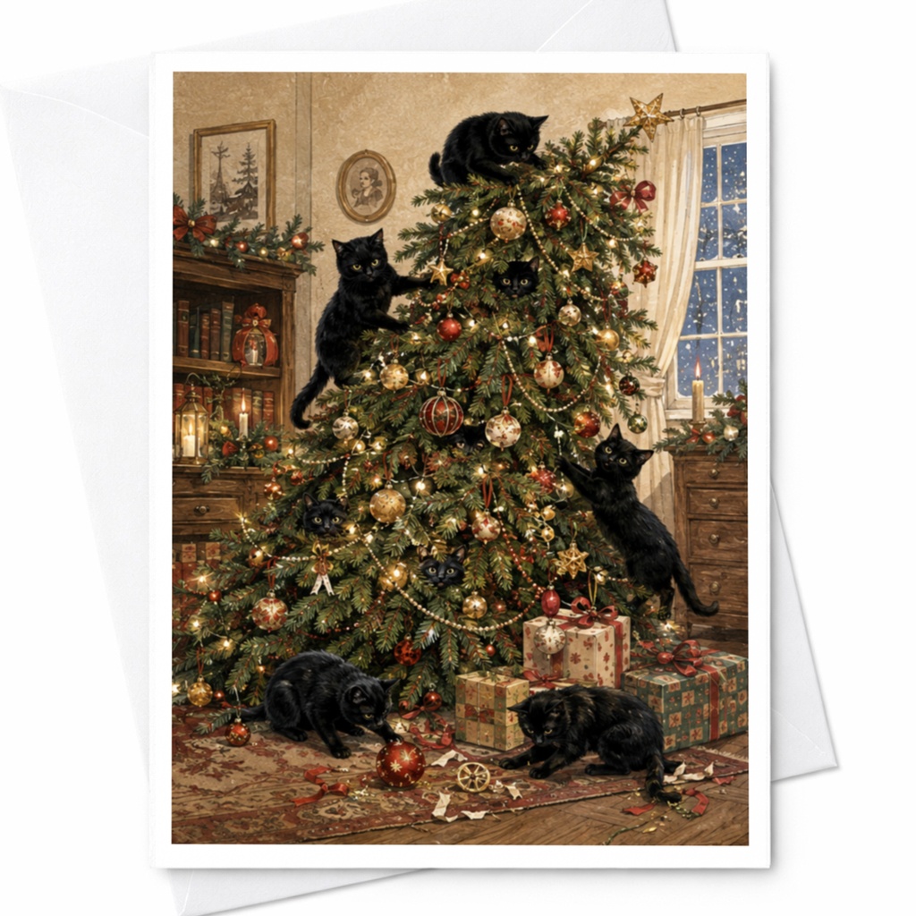 Black Cats Christmas Card Cute Holiday Greeting Card For Cat Lovers Festive Tree Funny Animal Xmas Card C5869