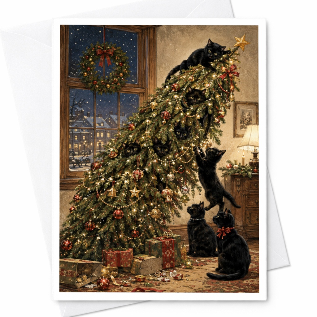 Cats In Christmas Tree Card Funny Holiday Greeting Card For Cat Lovers Cute Festive Christmas Card With Cats And Tree C5870