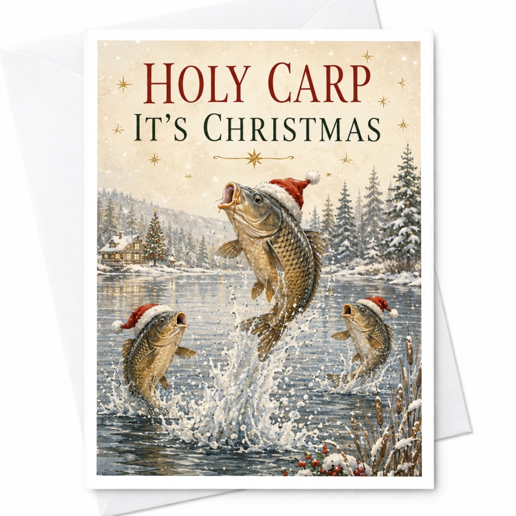 Holy Carp It's Christmas Funny Christmas Card Fish With Santa Hats Holiday Greeting Card For Fisherman Cute Xmas Card C5872