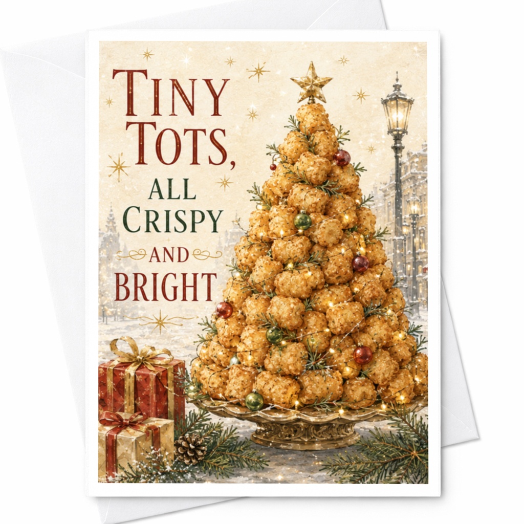 Tiny Tots, All Crispy And Bright Funny Christmas Card Tater Tot Holiday Greeting Card Xmas Card For Friends C5874
