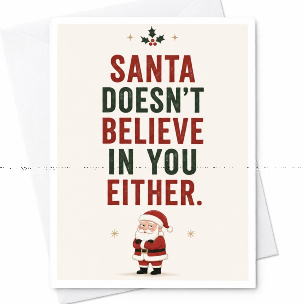 Santa Doesn't Believe In You Either Funny Christmas Card Santa Illustration Holiday Greeting Card For Friends C5877