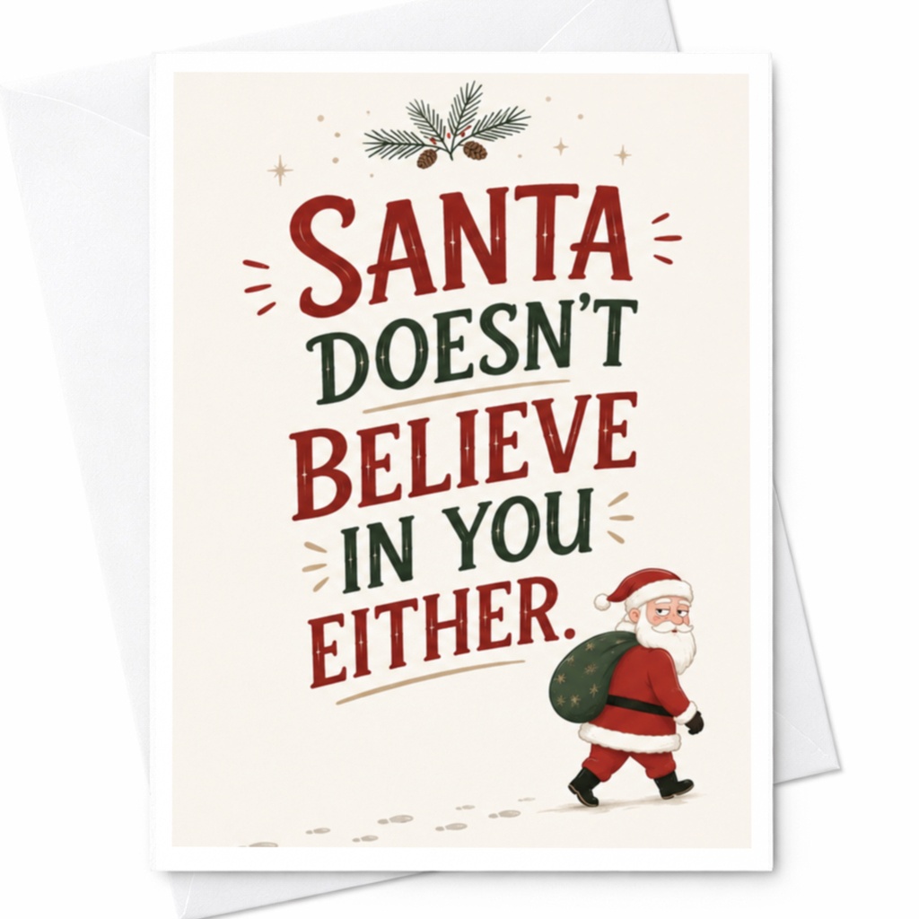 Santa Doesn't Believe In You Either Funny Christmas Card Santa Holiday Greeting Card For Friends Family C5878