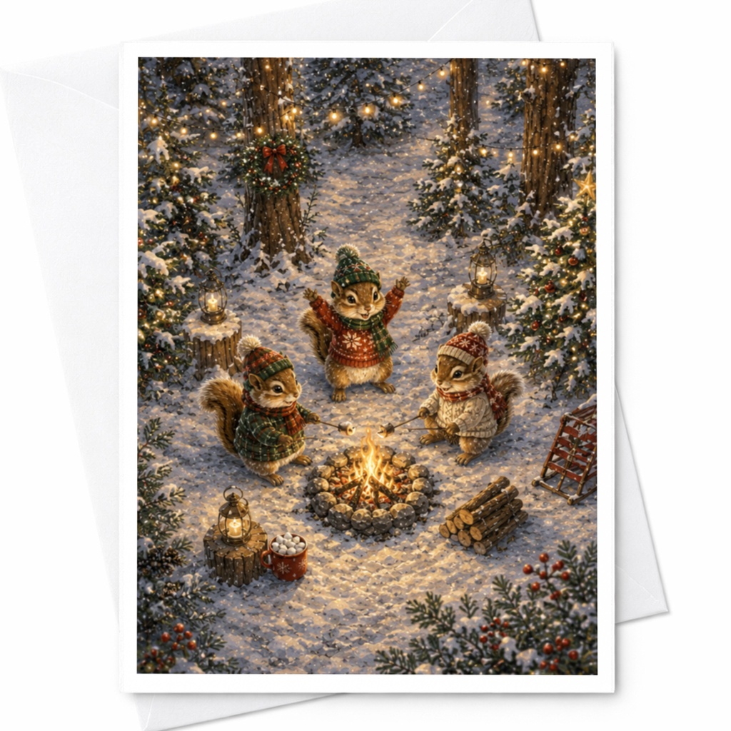 Squirrels Around Campfire Christmas Card Cute Woodland Holiday Greeting Card Winter Forest Scene Animal Lovers C5879
