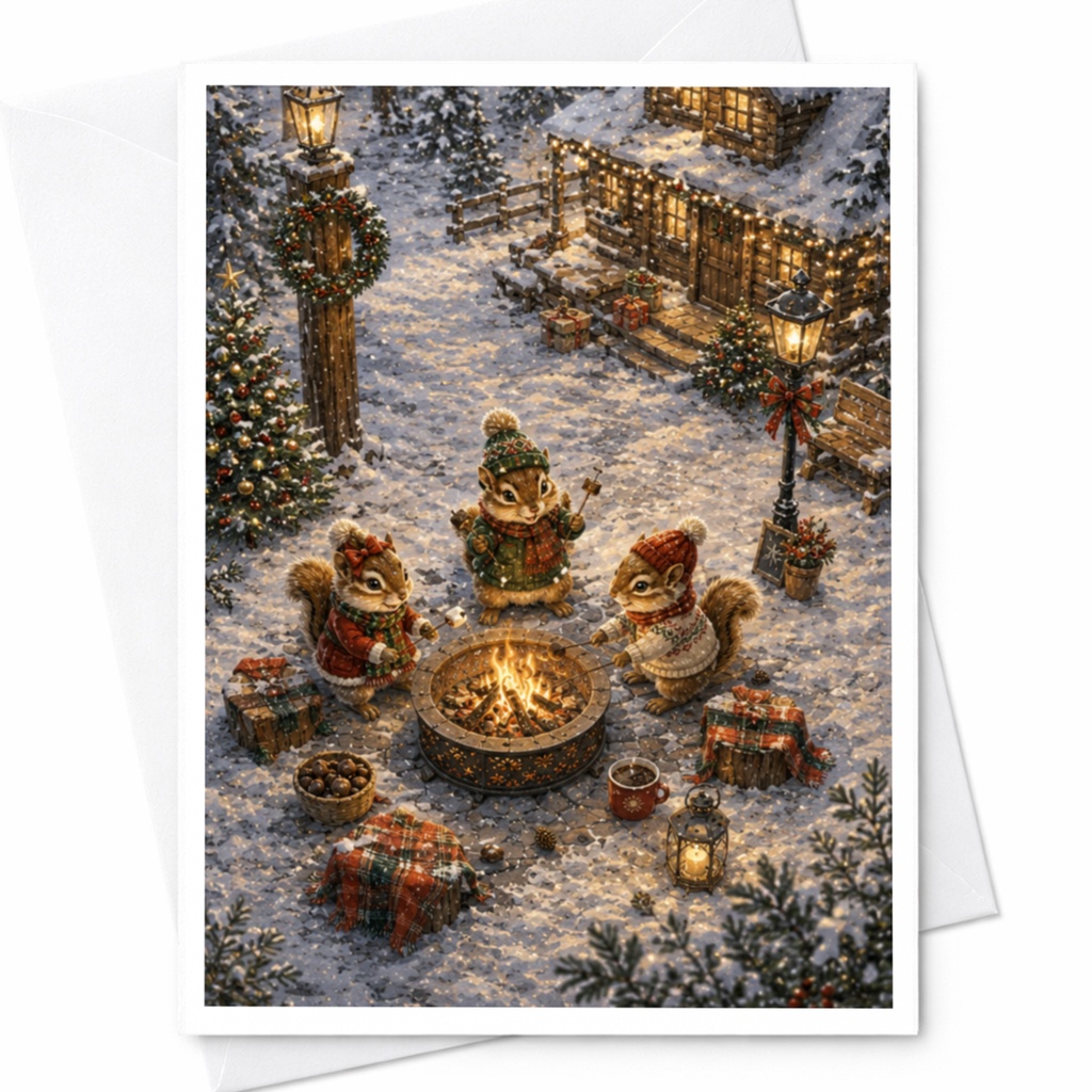 Squirrels Around Campfire Christmas Card Cozy Winter Scene Holiday Greeting Card Woodland Animal Lovers Cute Festive Card C5880