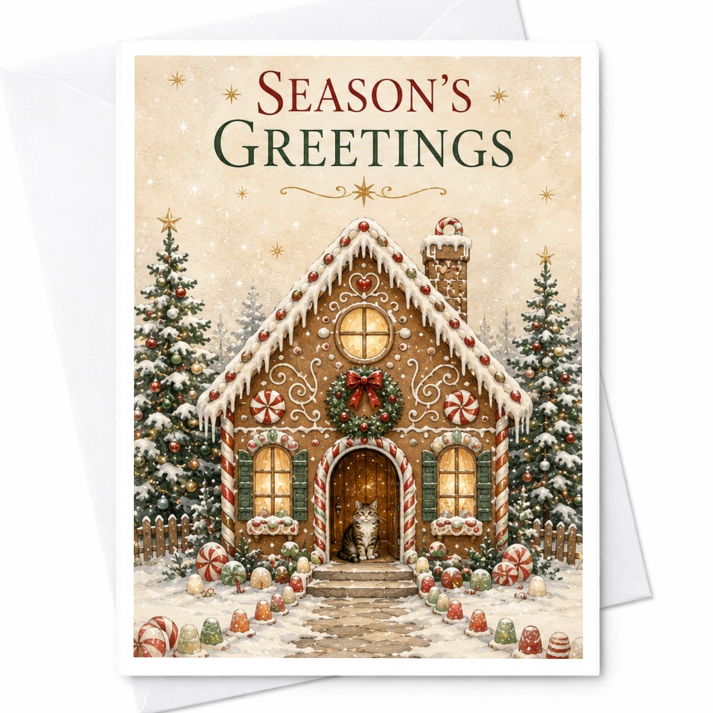 Season's Greetings Christmas Card Gingerbread House Cat Holiday Card Cute Festive Winter Scene For Cat Lover C5881