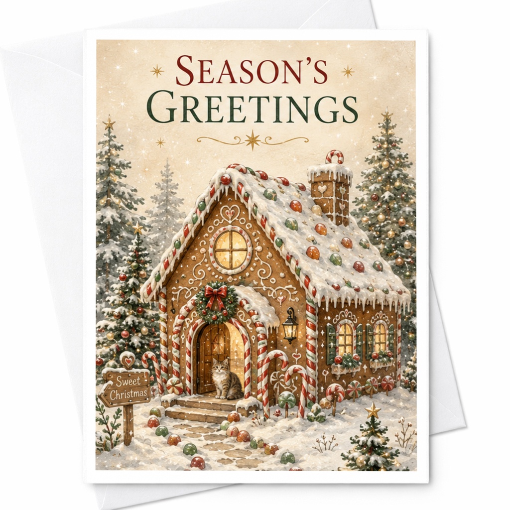Season's Greetings Christmas Card Gingerbread House Snowy Scene Holiday Card For Family Friends Cute Festive Winter Card C5882