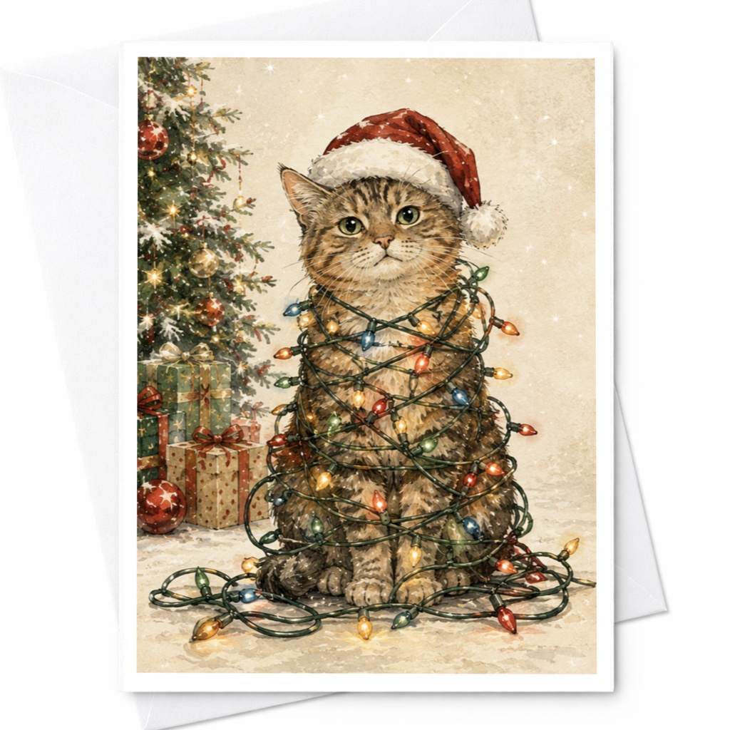 Christmas Cat Card Cute Holiday Greeting Card Cat Lover Christmas Card Santa Hat Lights Festive Cat Card For Friends Family C5883