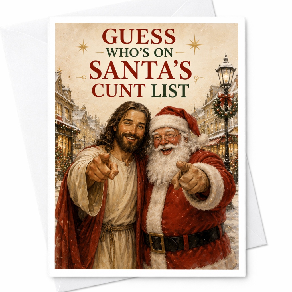 Guess Who's On Santa's Cunt List Funny Christmas Card Santa And Jesus Holiday Greeting Card For Friends C5885