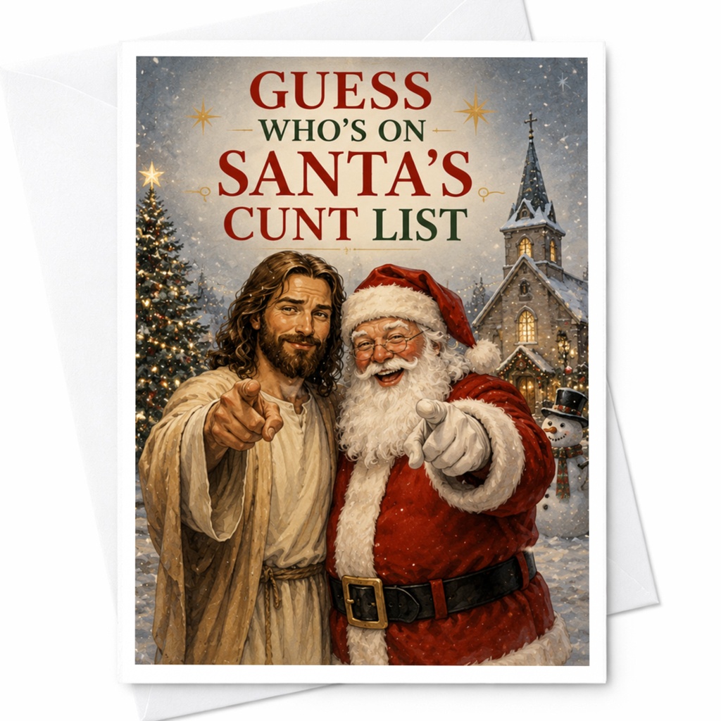 Guess Who's On Santa's Cunt List Funny Christmas Card Santa And Jesus Holiday Greeting Card For Friends C5886
