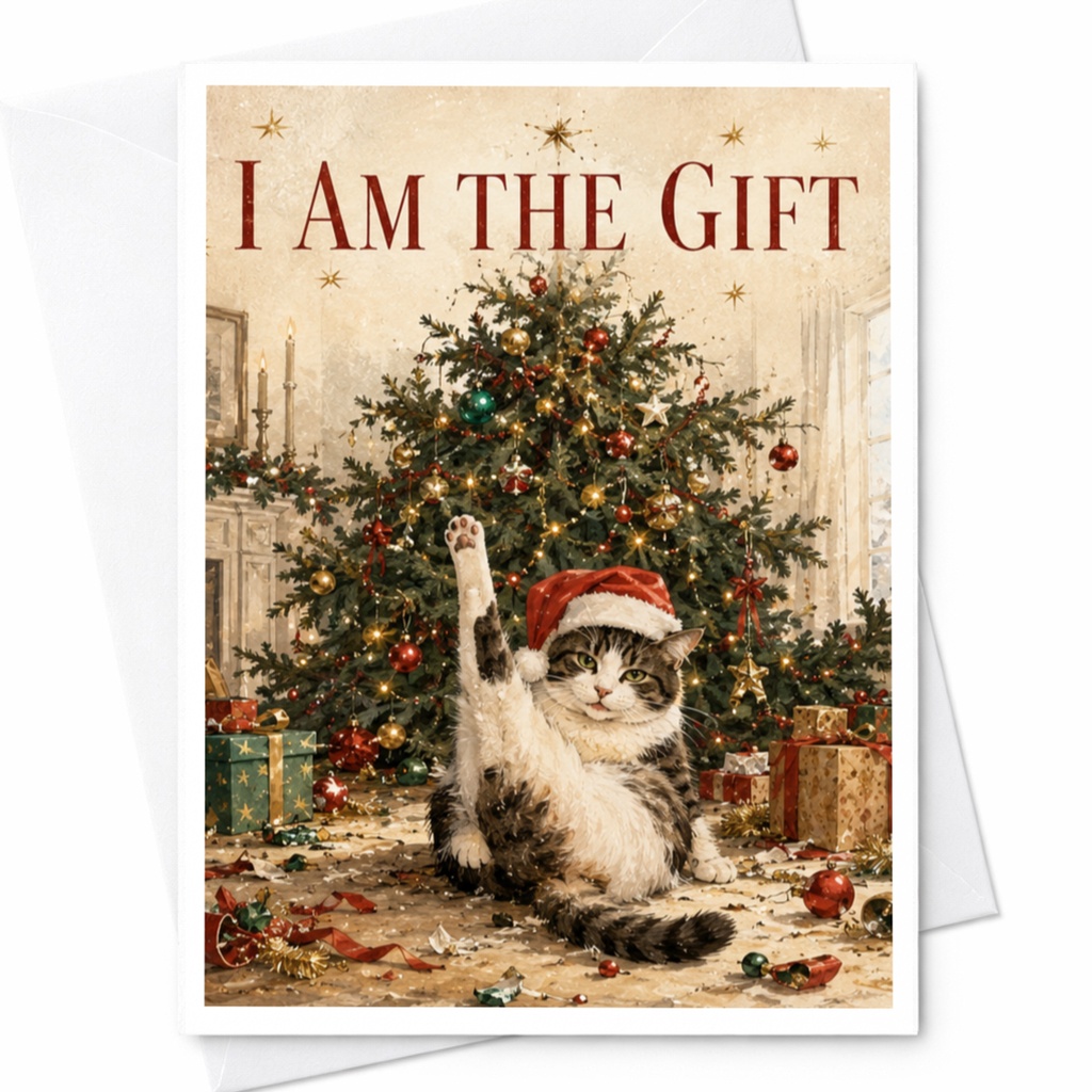 I Am The Gift Funny Cat Christmas Card Cute Holiday Greeting Card For Cat Lover Santa Hat Xmas Tree C5887