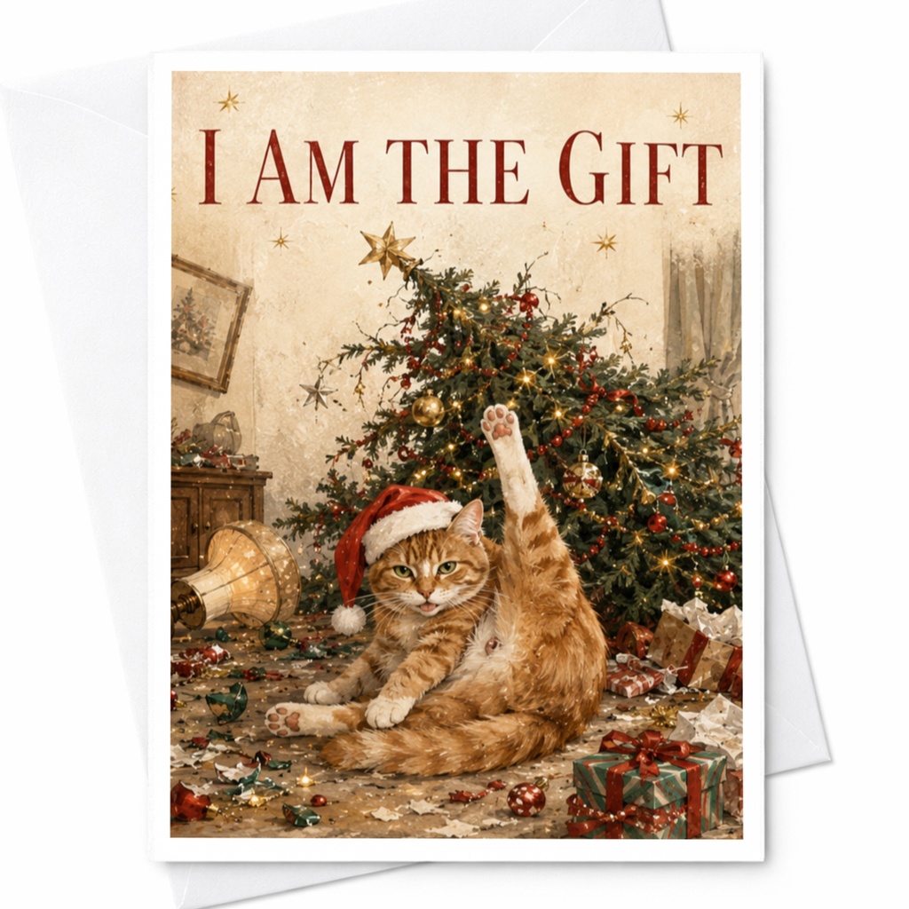 I Am The Gift Funny Cat Christmas Card Cute Holiday Greeting Card For Cat Lover Xmas Card With Santa Hat C5888