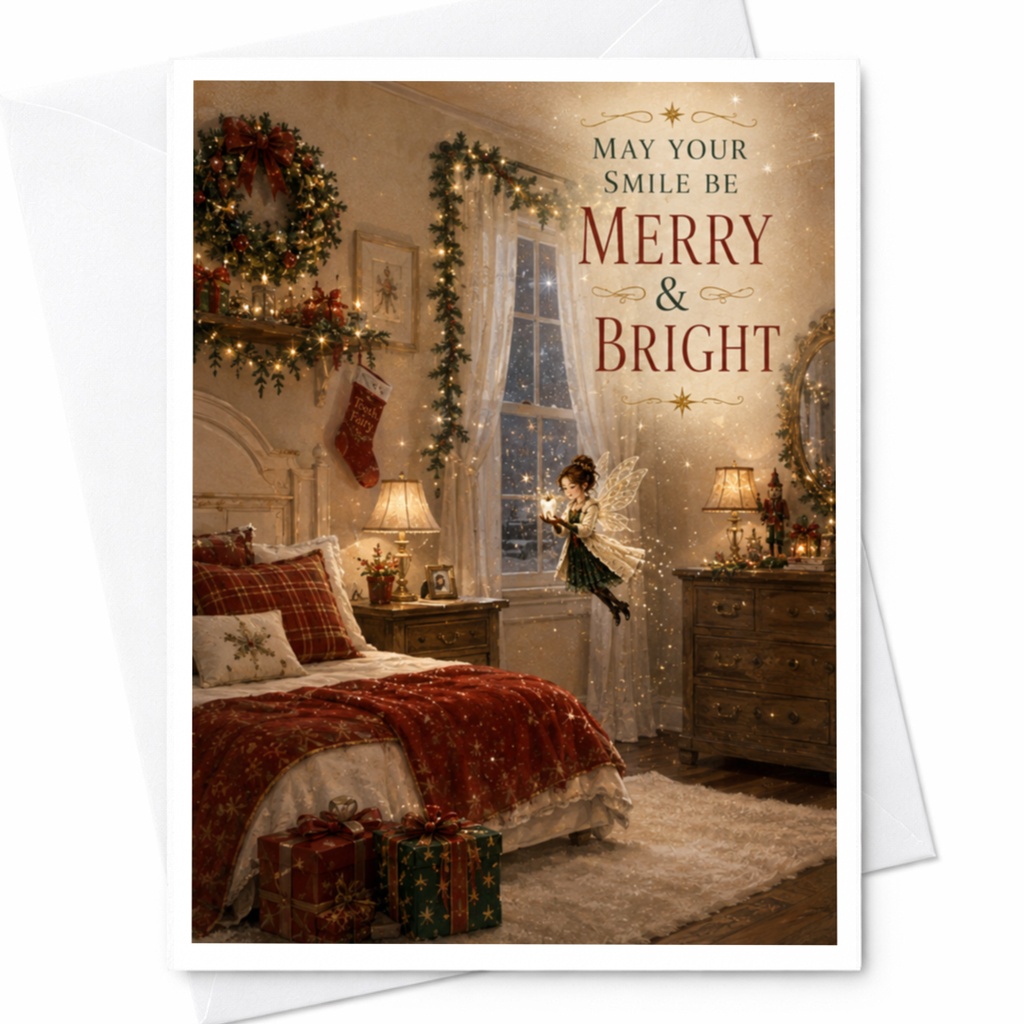 May Your Smile Be Merry & Bright Christmas Card Festive Holiday Greeting Card Cozy Winter Scene Fairy For Family C5889