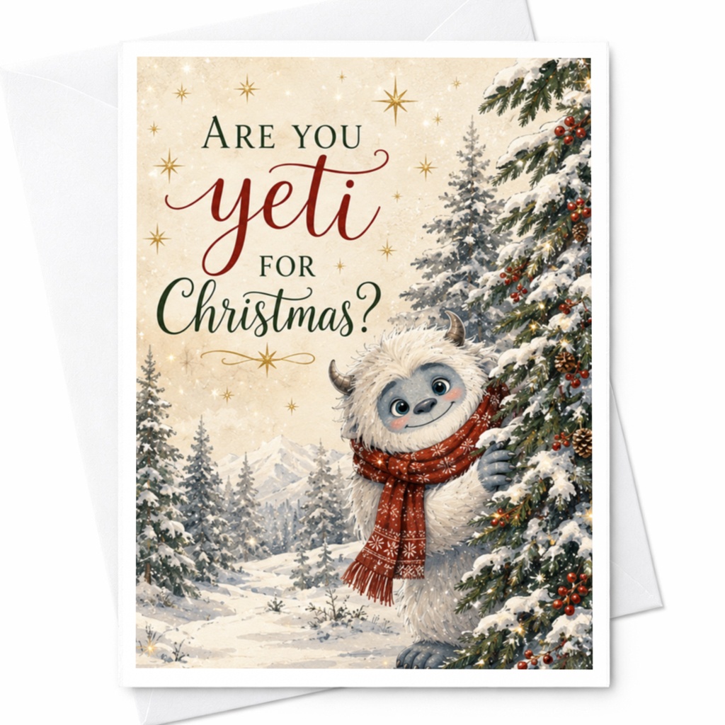 Are You Yeti For Christmas? Funny Yeti Christmas Card Cute Holiday Greeting Card For Kids Family Winter Snowy Forest Scene C5892