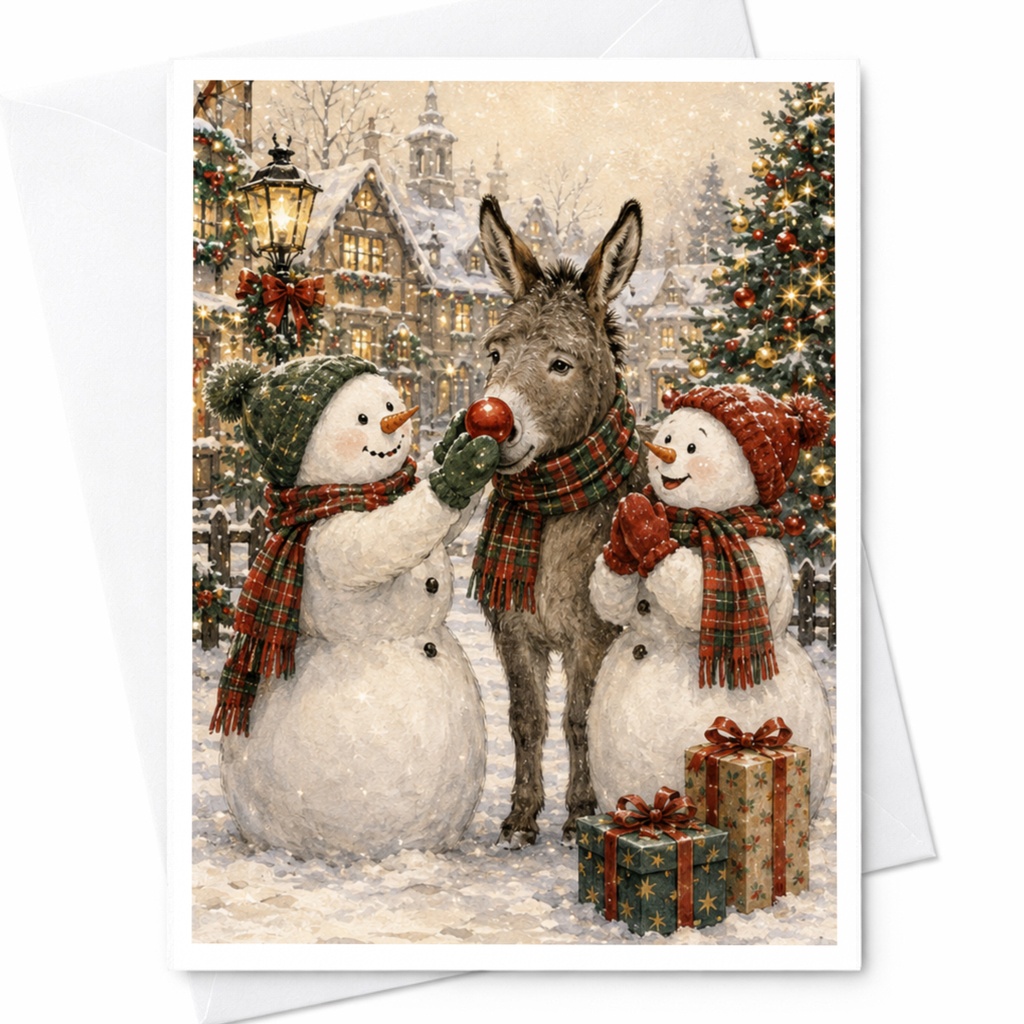 Snowmen And Donkey Christmas Card Cute Winter Scene Holiday Greeting Card For Friends Family Festive Snowy Village C5893