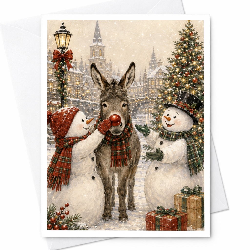 Snowmen And Donkey Christmas Card Festive Holiday Greeting Card Cute Winter Scene For Friends Family Seasonal Card C5894