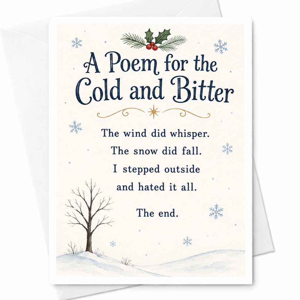 A Poem For The Cold And Bitter Funny Christmas Card Winter Holiday Greeting Card For Friends Family Snow Poem C5898