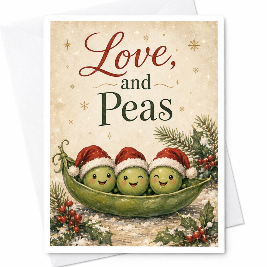 Love, And Peas Christmas Card Cute Holiday Greeting Card Peas In Santa Hats Funny Christmas Card For Friends Family C5904