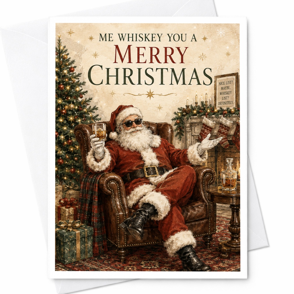 Me Whiskey You A Merry Christmas Funny Santa Christmas Card Holiday Greeting Card For Him Whiskey Lover Xmas Card C5905